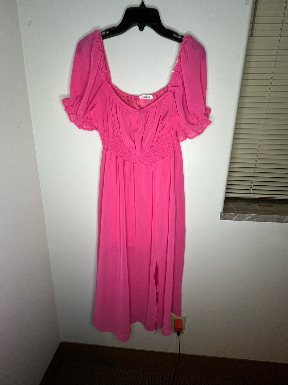 Bright Pink Puff-Sleeve Midi Dress with Smocked Waist